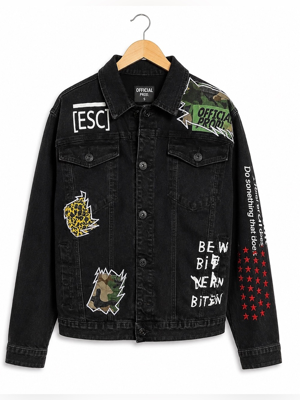 Kloud 9 Men’s Black Graphic Patch Denim Streetwear Jacket XL